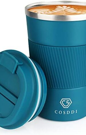 CS COSDDI Stainless Steel Travel Mug 12oz - Vacuum Insulated Coffee Travel Mug Spill Proof with Leakproof Lid - Double Walled Reusable Tumbler Cups for Keep Hot/Ice Coffee,Tea and Beer(Aquamarine)