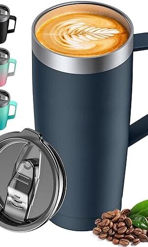 LyriFine Travel Mug with Handle, Od335 24oz Insulated Coffee Mug with Lid, Travel Mugs for Hot and Cold Double-Wall Vacuum Stainless Steel & Sliding Lid for Daily Life, Travel, Office, Blue